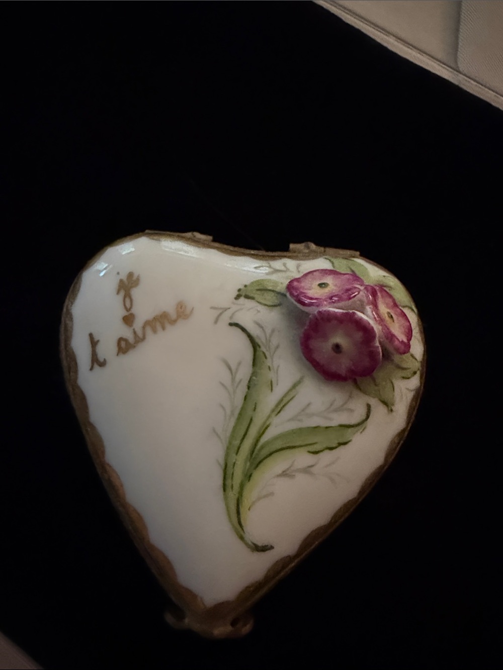 Limoges Heart Trinket Box with Pink Floral Accent